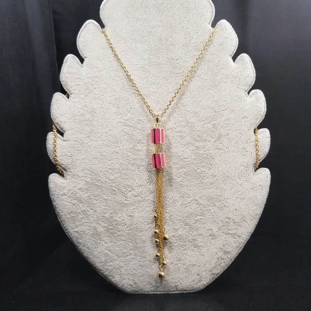 Talbots Gold Tassel Long Necklace, Red Enamel Beads, New With Tags